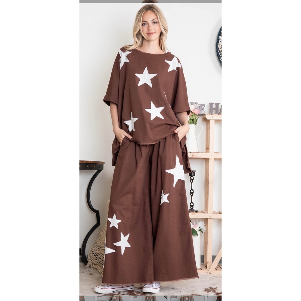 Blue Velvet Chocolate White Star Tunic Top Wide Leg Pants Set Women's Size S